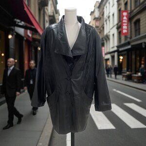 Vintage Black Leather Oversized Jacket Exotic Korea‎ Moto Streetwear Baddie XL